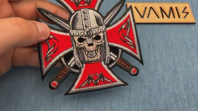Red Maltese Cross Skull Embroidered Patch product video