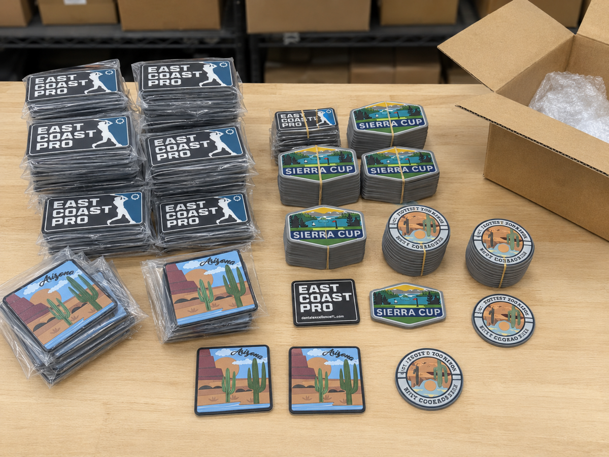 Completed bulk PVC patch order ready for packing