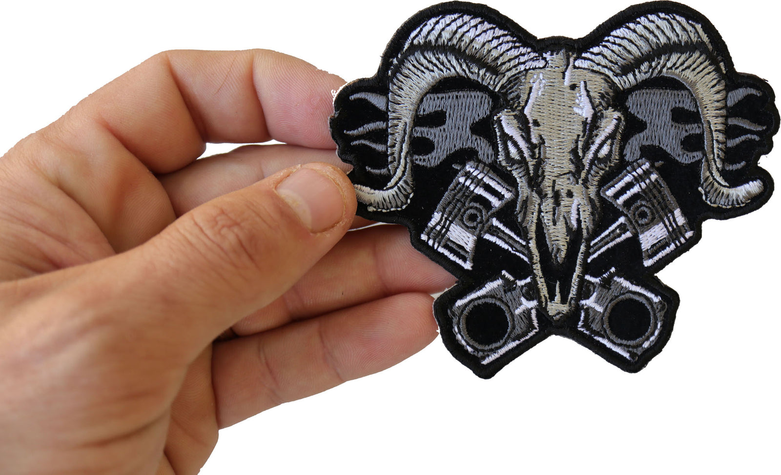 Ram with Pistons Embroidered Patch shown for scale