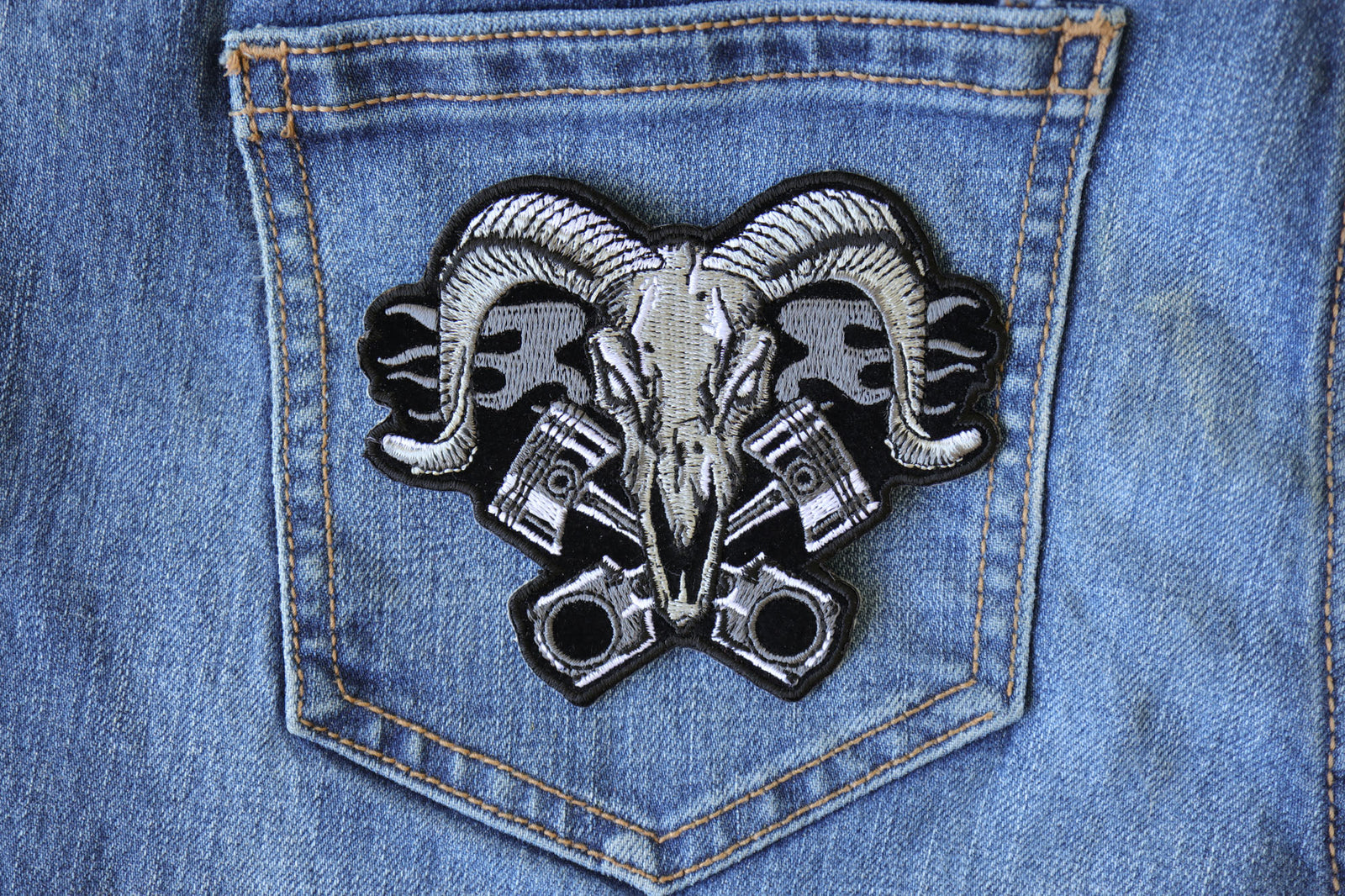 Ram with Pistons Embroidered Patch apparel application view