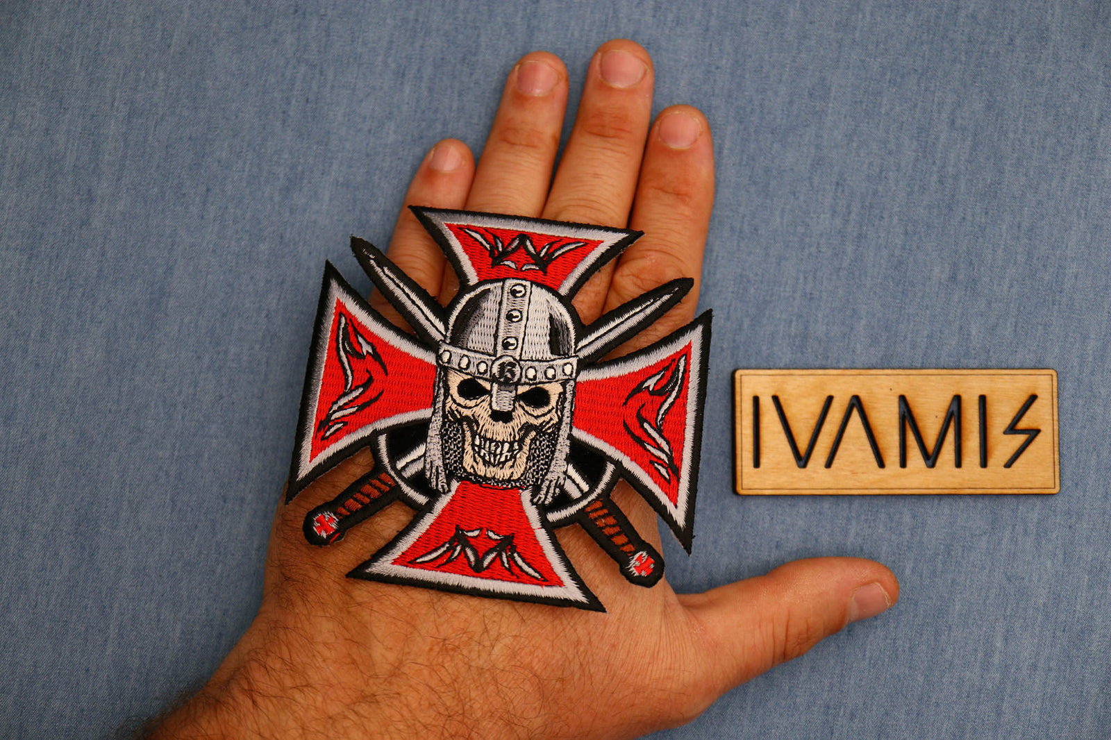 Red Maltese Cross Skull Embroidered Patch product image 2