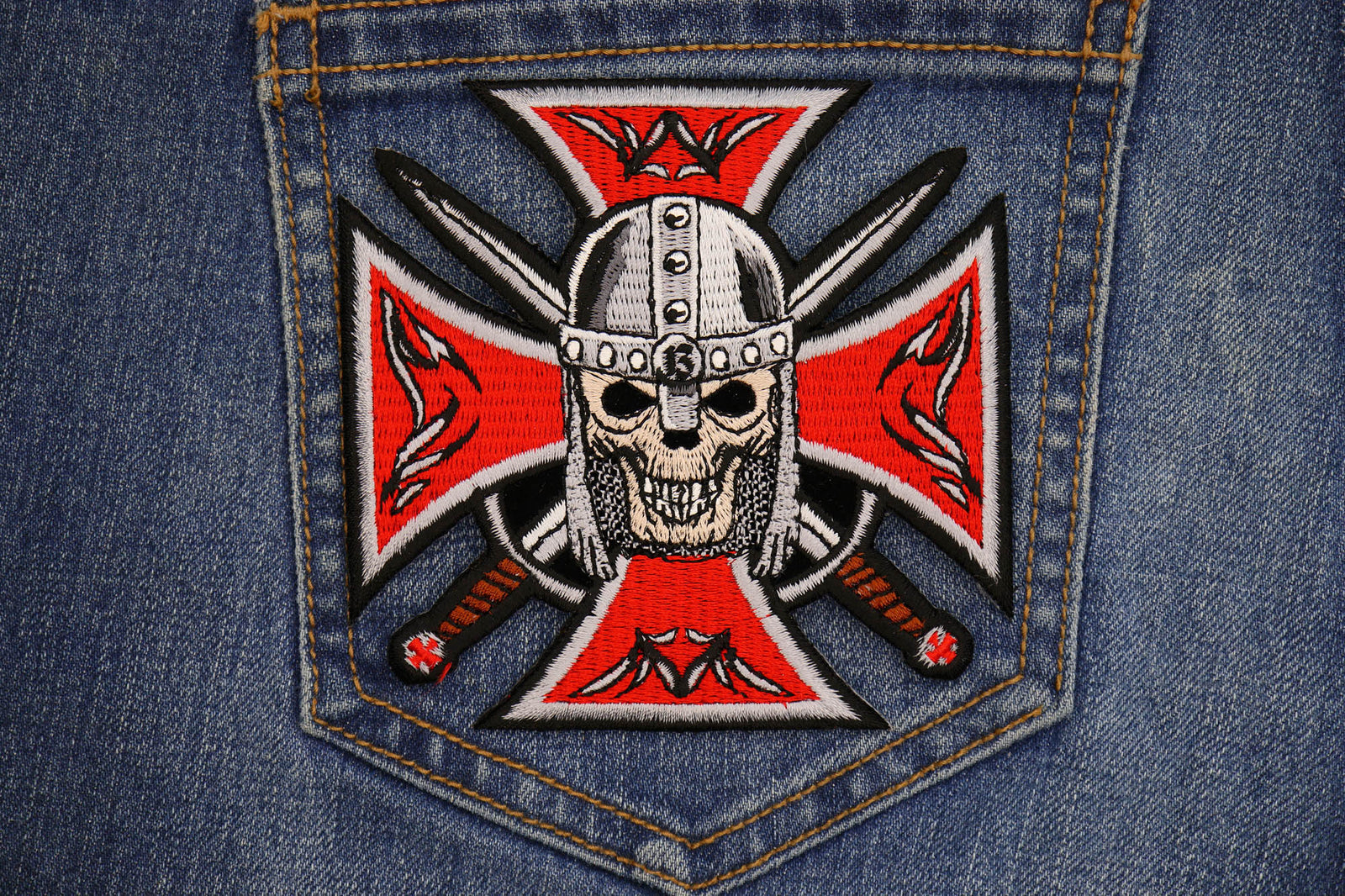 Red Maltese Cross Skull Embroidered Patch product image 3