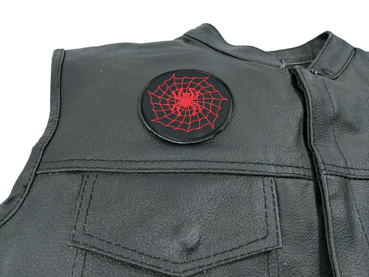 Red Spider Web Embroidered Patch shown for scale