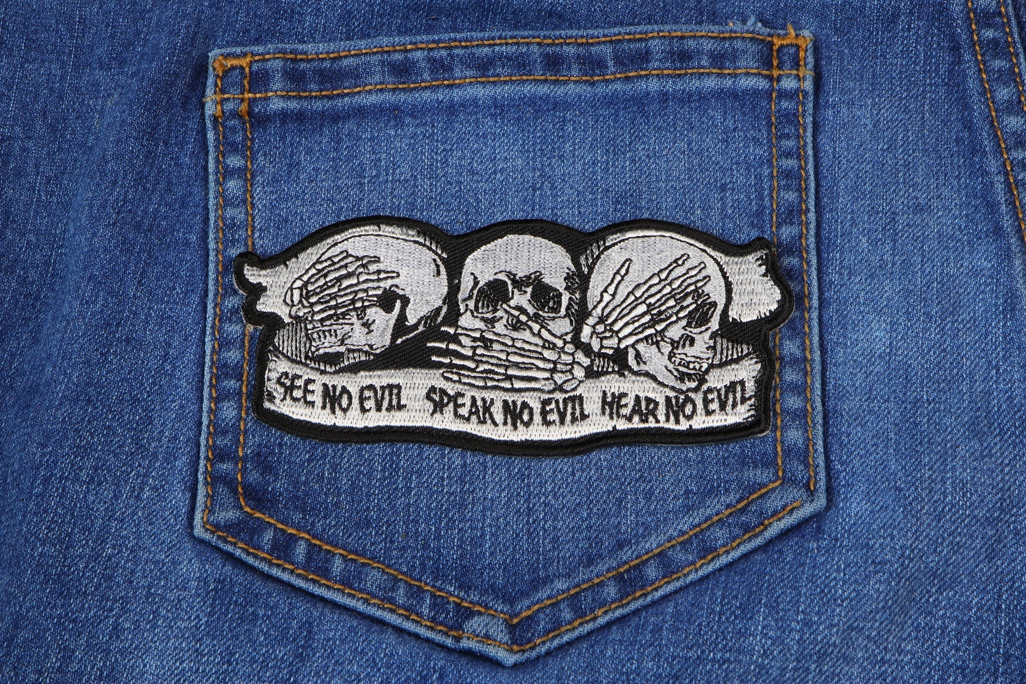 See No Evil Speak No Evil Hear No Evil Skull Patch ( 4.5 x 2 inches )