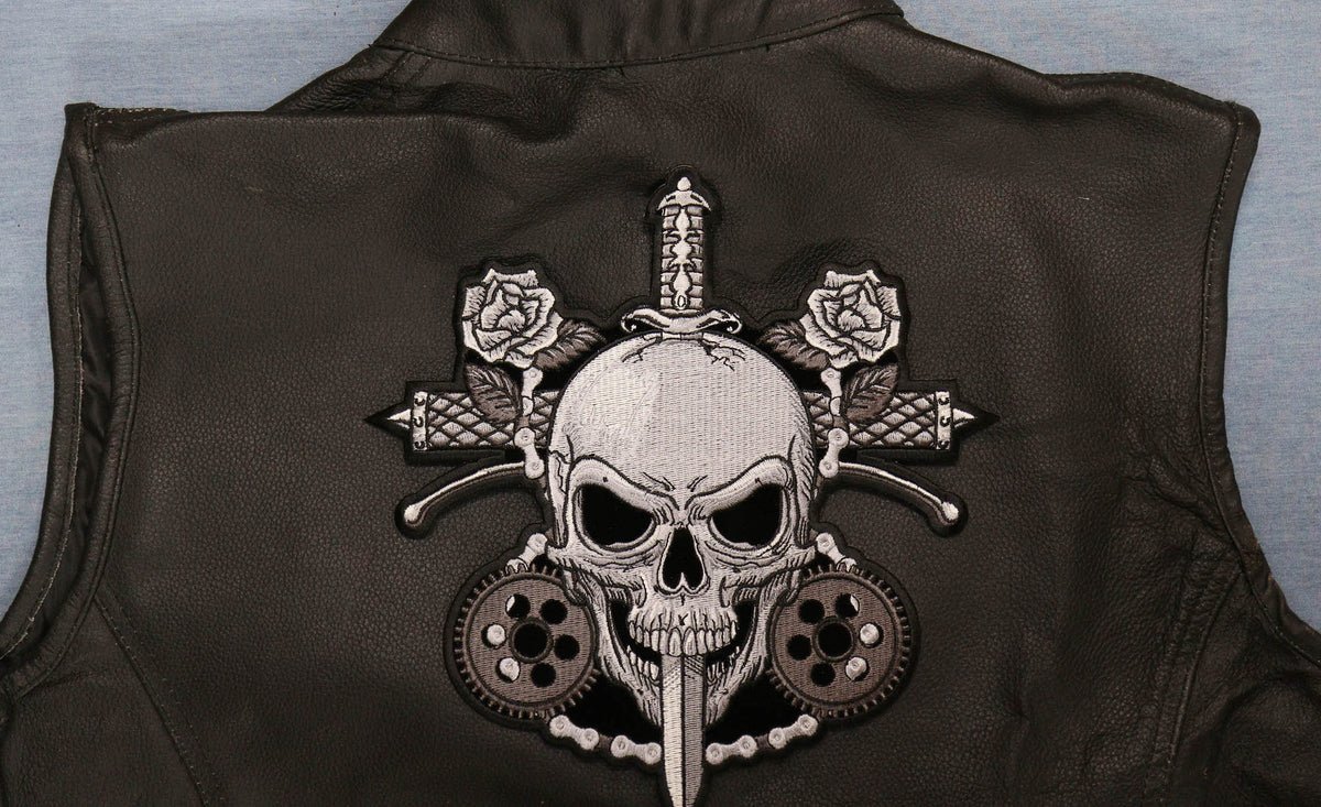 Skull Roses embroidered patch alternate view in an actual product photo