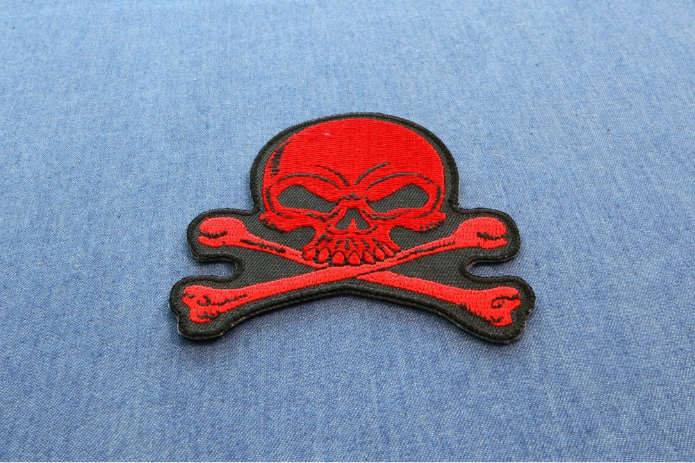Red Skull and Crossbones Patch – Embroidered Iron-On Patch ( 3 x 3 inches )