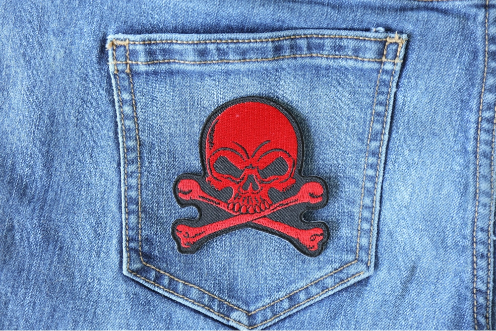 Red Skull and Crossbones Patch – Embroidered Iron-On Patch ( 3 x 3 inches )