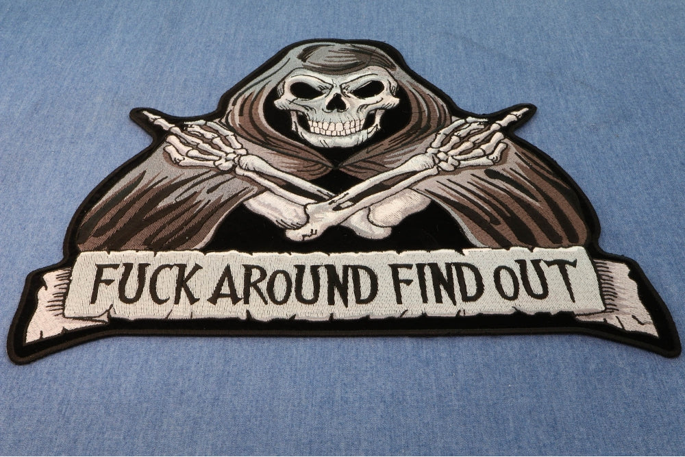 Skull Reaper Fuck Around Find Out Patch – Embroidered Iron-On Patch ( 5x5 inche )