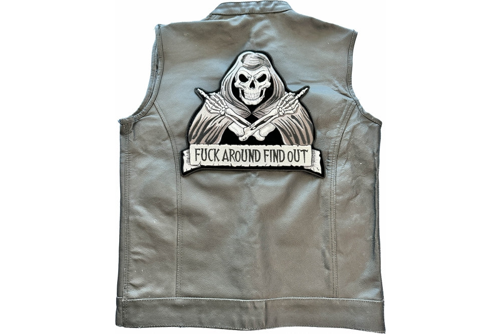 Skull Reaper Fuck Around Find Out Patch – Embroidered Iron-On Patch ( 5x5 inche )