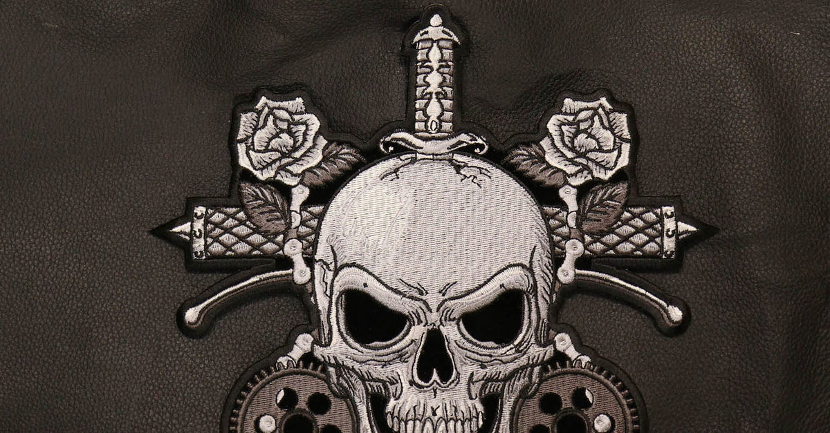 Skull Roses embroidered patch rose and border detail cropped from an actual product photo
