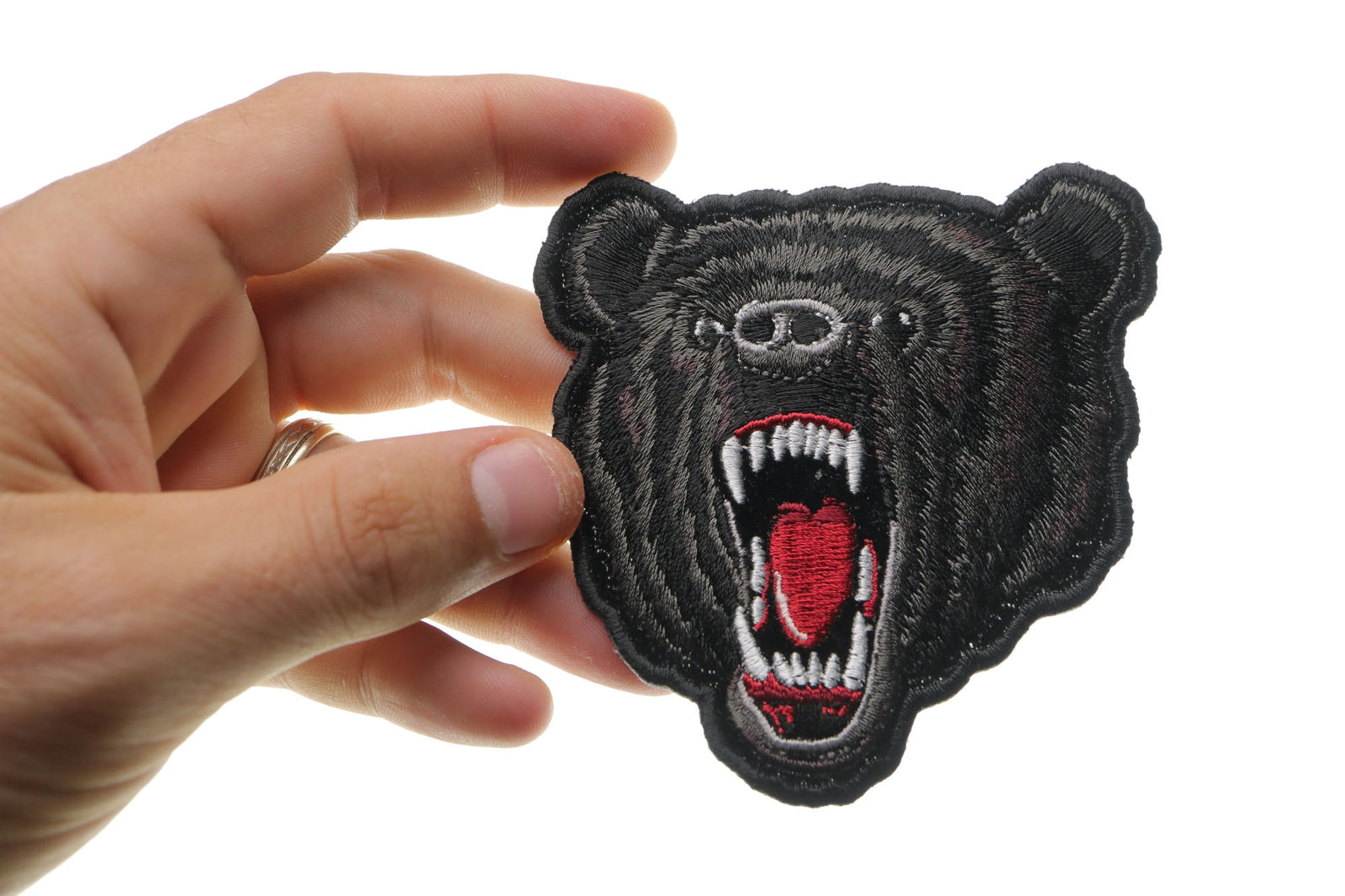 Small Black Bear Embroidered Patch reverse and construction view