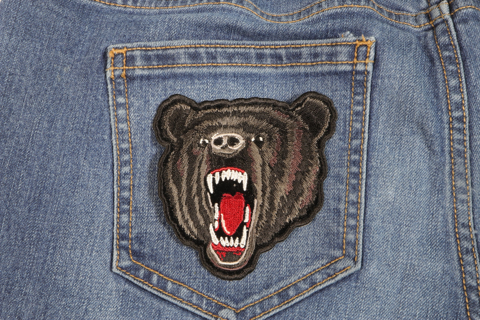 Small Black Bear Embroidered Patch apparel application view