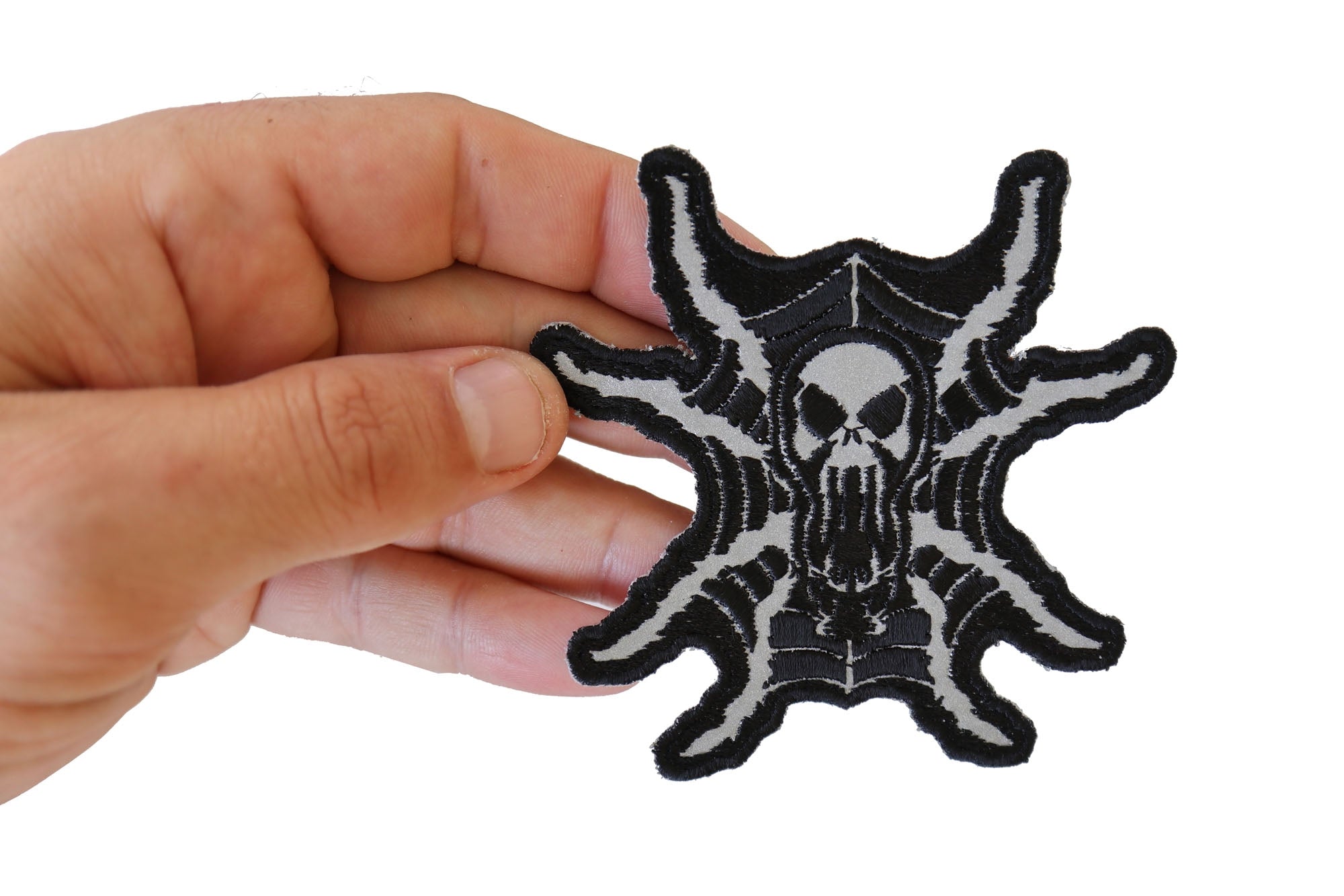 Spider Skull Reflective Iron-On Patch – 3.5x3.4 inch with Clean Cut Embroidered Borders
