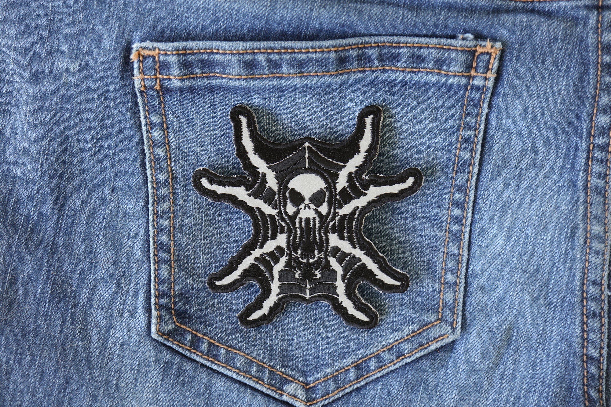 Spider Skull Reflective Iron-On Patch – 3.5x3.4 inch with Clean Cut Embroidered Borders