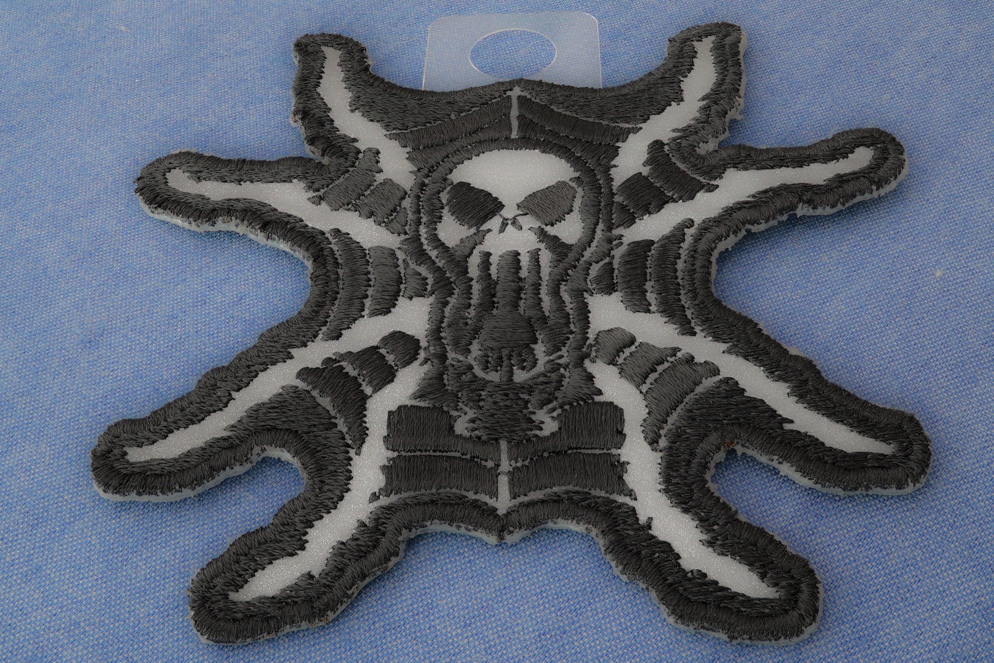 Spider Skull Reflective Iron-On Patch – 3.5x3.4 inch with Clean Cut Embroidered Borders