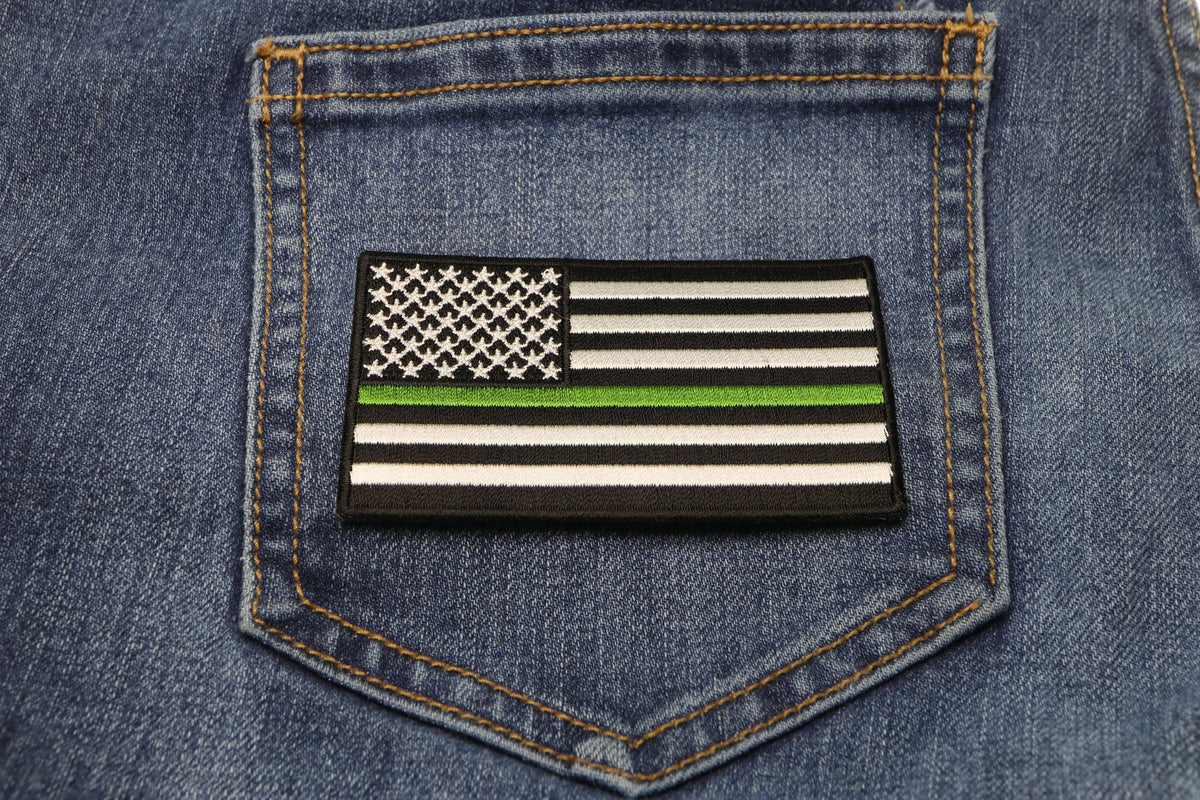 Subdued Green Stripe American Flag Embroidered Patch reverse and construction view