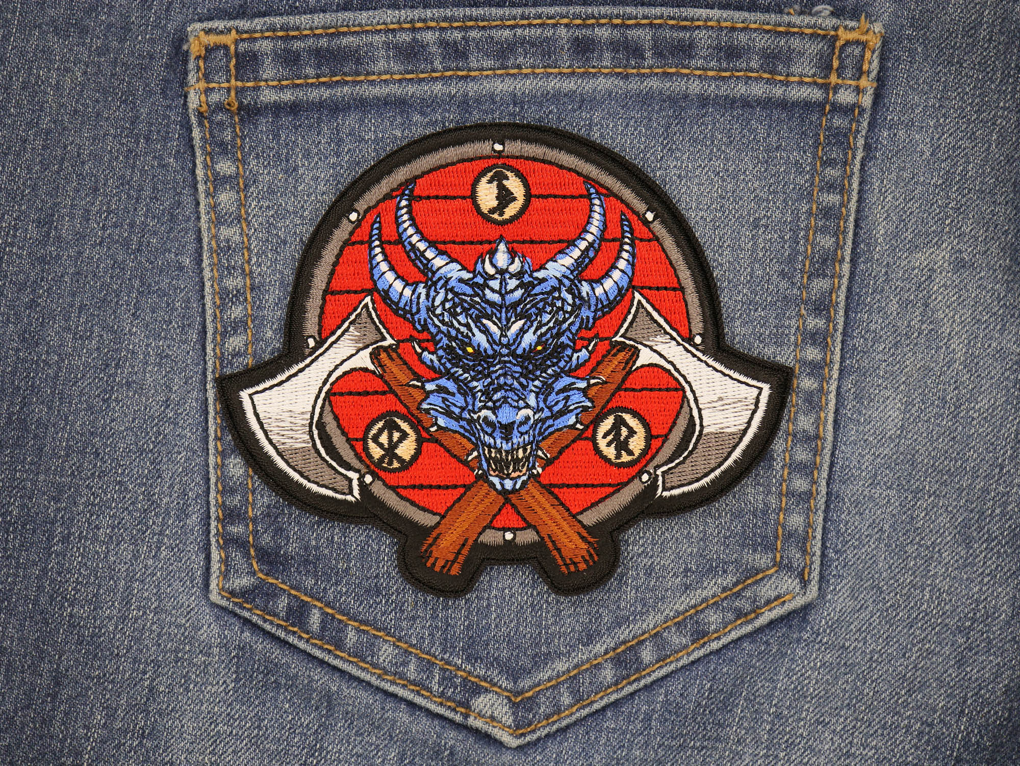 Viking Dragon and Axes Patch – Full-Color Embroidered Artwork ( 4 x 3 )