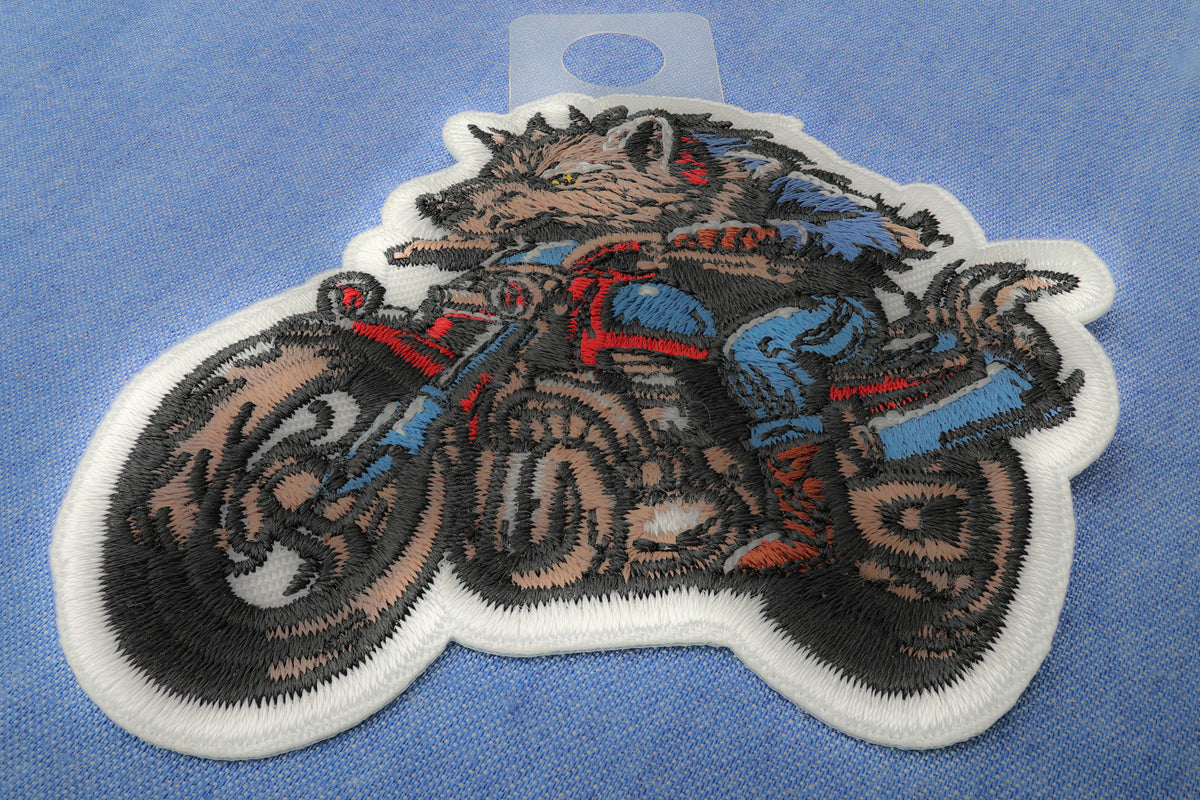 Wolf Motorcycle Embroidered Patch reverse and construction view