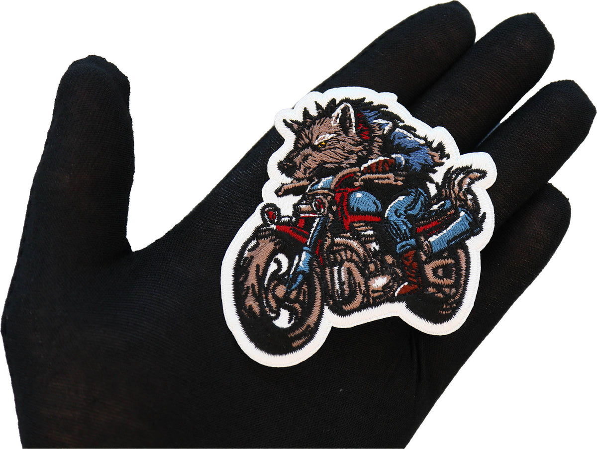 Wolf Motorcycle Embroidered Patch shown for scale