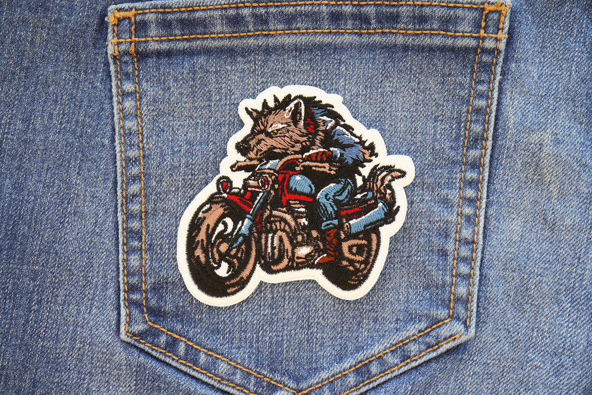 Wolf Motorcycle Embroidered Patch apparel application view
