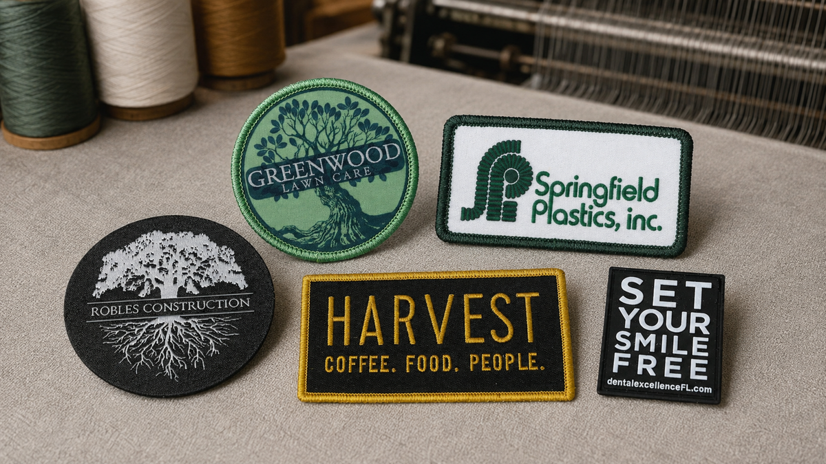 Real completed custom woven patch assortment for bulk orders